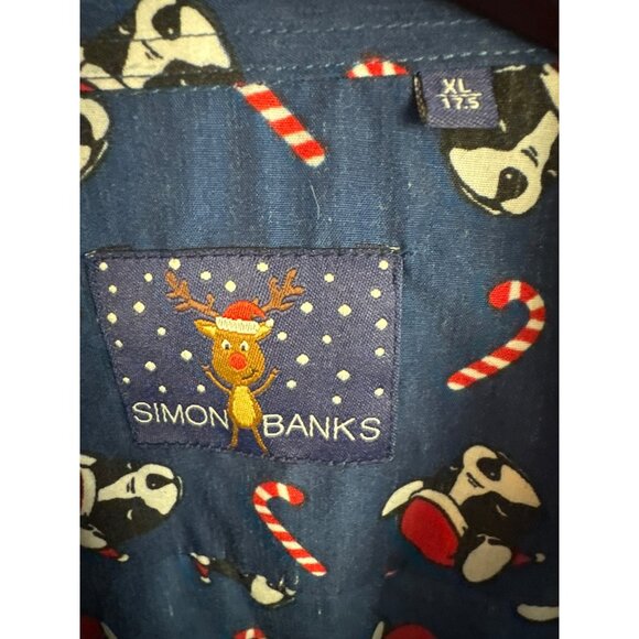 Boston Terrier Christmas Shirt XL 17.5 Blue Candy Cane Long Sleeve Button Up Dog - Picture 2 of 5